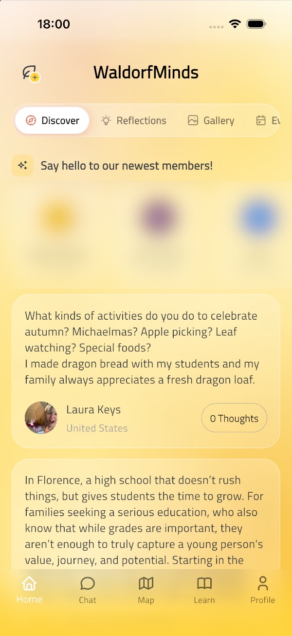 The Discover screen of the WaldorfMinds app, with a teacher asking how others celebrate autumn