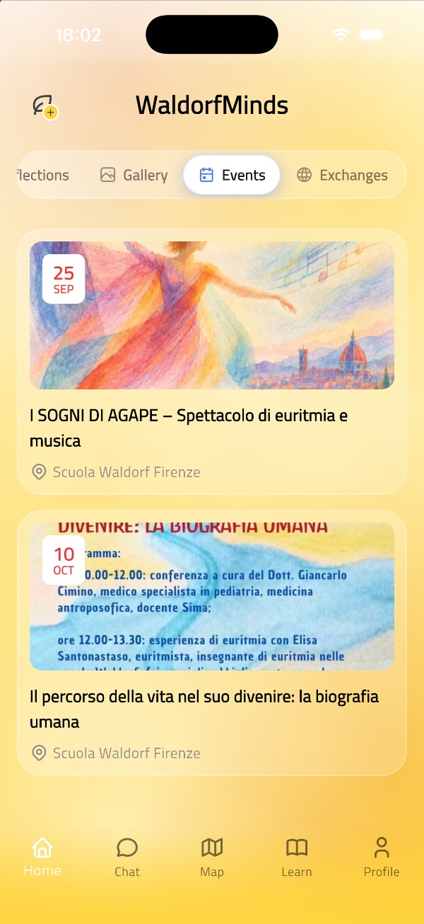 The Events screen of the WaldorfMinds app, with a eurythmy and music performance at the Scuola Waldorf di Firenze