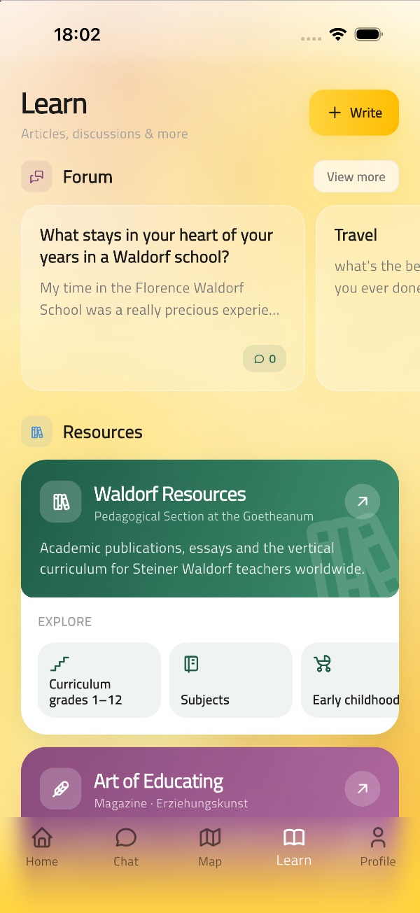 The Learn screen of the WaldorfMinds app, with forum questions and links to Waldorf Resources and the Art of Educating magazine