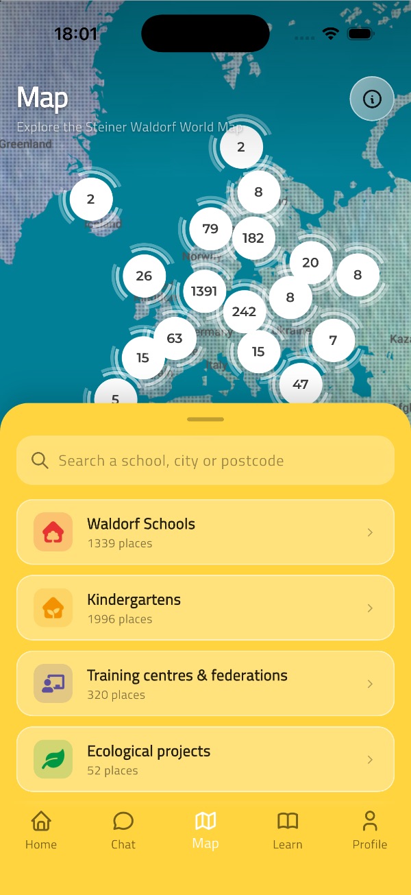 The Map screen of the WaldorfMinds app, showing the Steiner Waldorf World Map with Waldorf schools, kindergartens, training centres and ecological projects